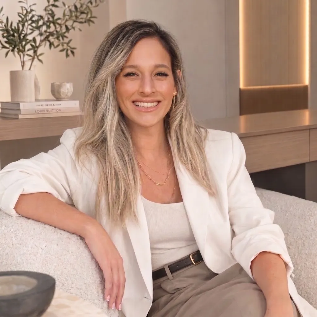 Reut Roash Danino, interior designer, seated in a white blazer